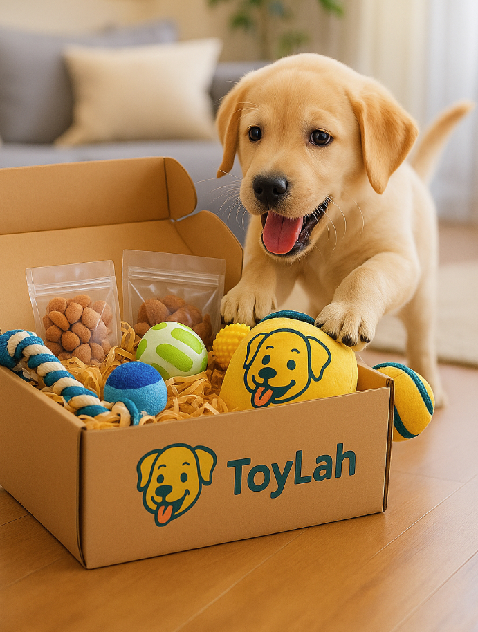 Happy dog with ToyLah box